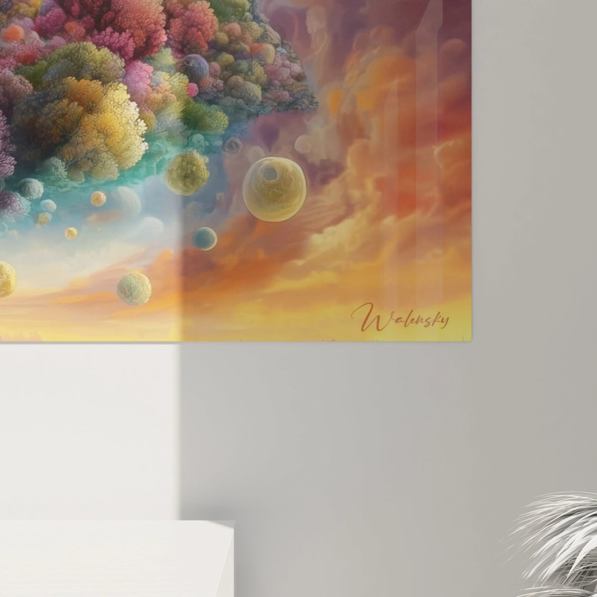 Tableau mural Walensky montrant un tableau cosmique surréaliste coloré avec sphères flottantes et ciel au coucher