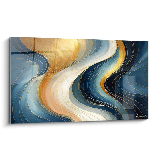 Un tableau abstrait de vagues ondulantes aux contours dorés. Dominé par des teintes bleu marine, or métallique, blanc crème et bleu ciel. La texture présente des bandes courbes et fluides aux dégradés subtils, délimitées par de fines lignes dorées qui suivent les mouvements ondoyants, créant un effet d'élégance et de fluidité à travers toute la composition.
