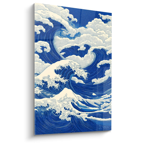 Tableau vagues japonaises bleues et blanches style traditionnel feng shui nord eau decoration murale