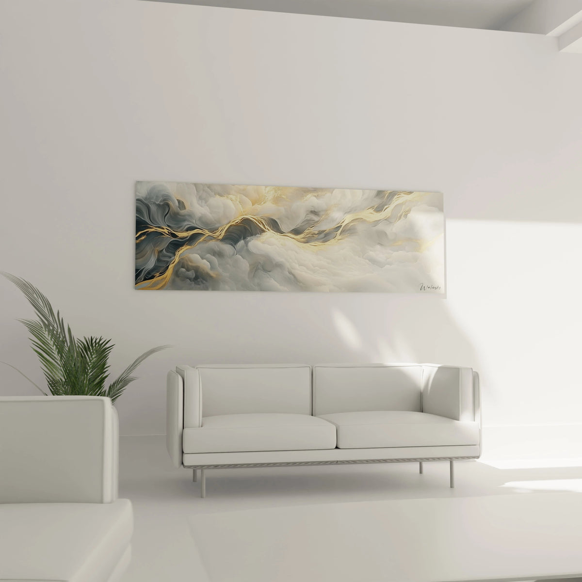 Tableau moderne abstrait de Walensky avec des nuances de gris et doré pour une décoration élégante