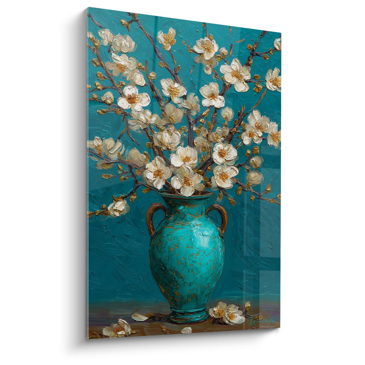 Tableau vase turquoise avec fleurs blanches aux centres dores style ikebana sur fond bleu