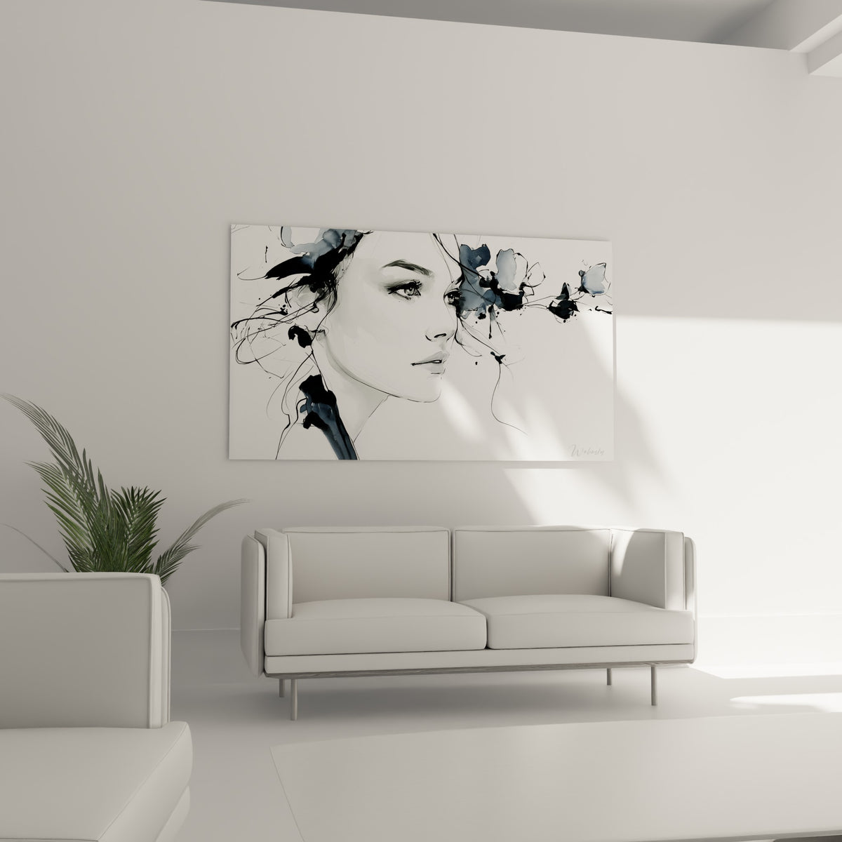 Visage esquissé à l'encre, nuances de gris et noir profond, au-dessus d'un canapé dans un salon lumineux