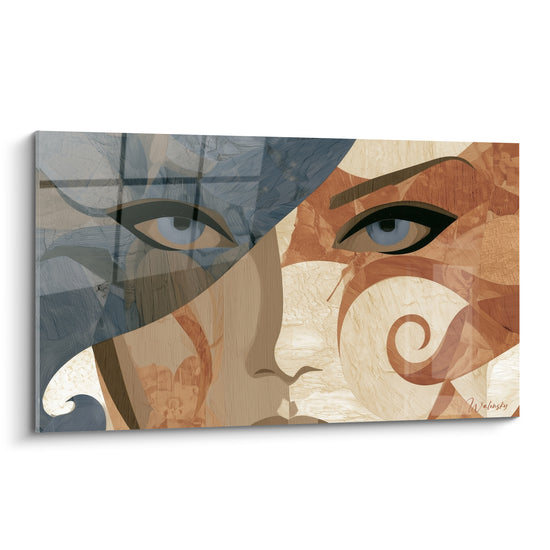 Visage abstrait fendu en bleu ardoise et terracotta, regard double, texture façon bois sculpté