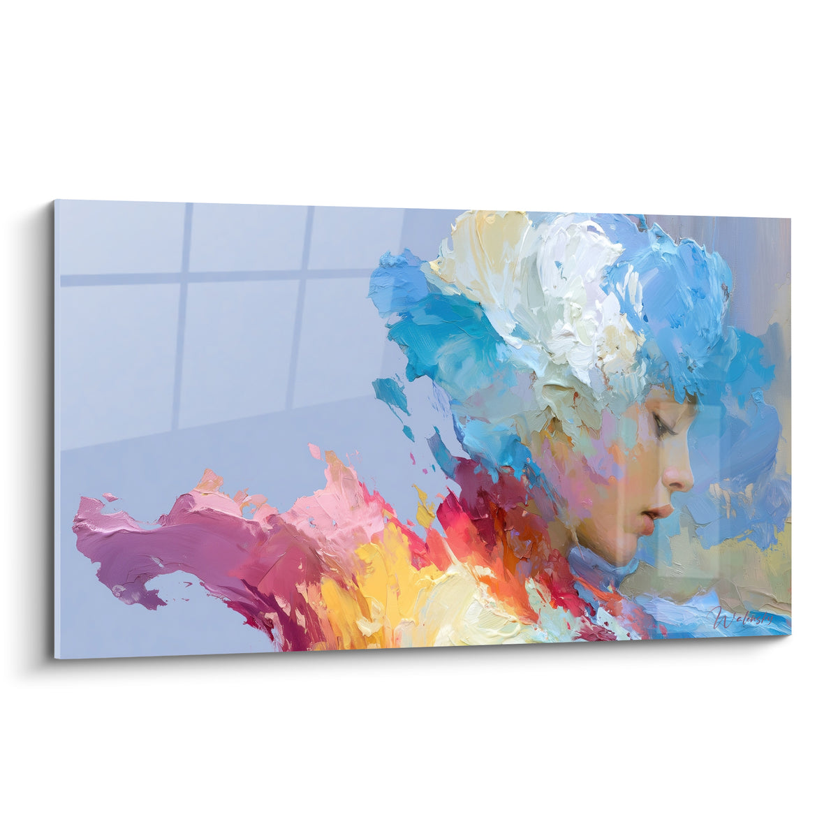 Visage abstrait au profil bleu marine et corail, empâtements épais sur fond lavande clair