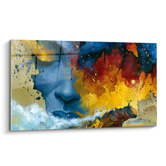 Visage bleu marine mi-flammes orangées, tableau visage abstrait aux touches dorées et rouges éclaboussées