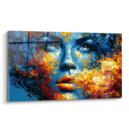 Visage abstrait aux yeux clairs, peau bleu marine et flammes orangées peintes au couteau