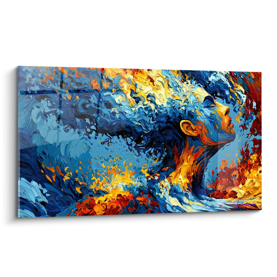 Visage en profil traversé de bleu marine et d'orangé flamboyant, tourbillons peints en pleine toile