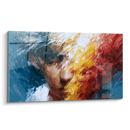 Visage abstrait fragmenté en bleu marine et rouge fauve, empâtements épais et lumière blanche centrale