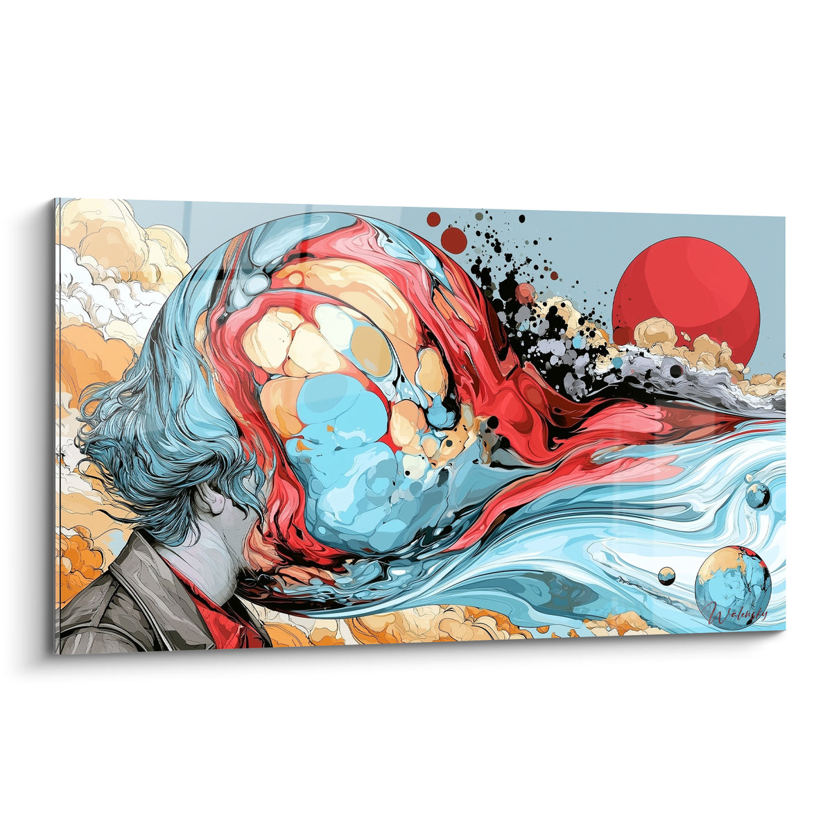 Visage abstrait au profil bleu marine et rouge écarlate, matière liquide sous un soleil intense