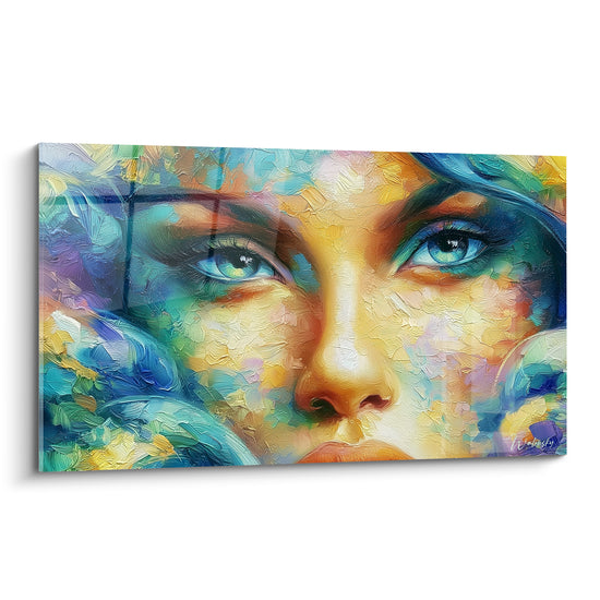 Visage abstrait aux yeux bleu turquoise et peau dorée, texture peinte à la spatule empâtée