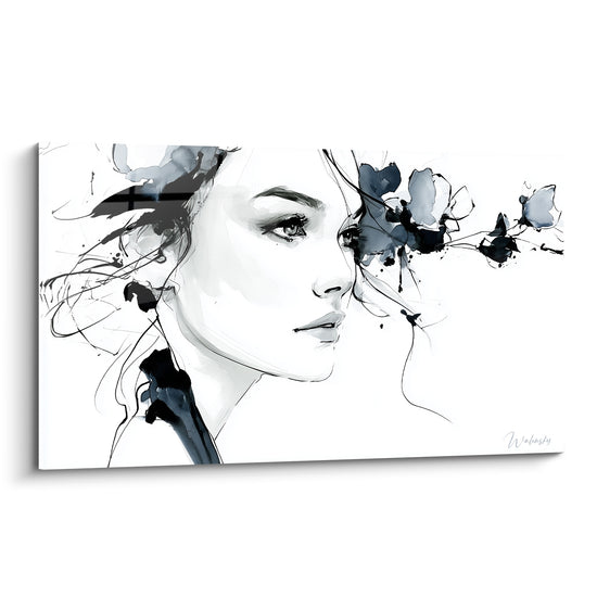 Visage abstrait féminin de profil, encre noire et gris anthracite sur fond blanc épuré