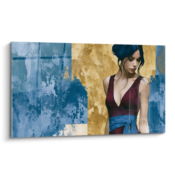 Tableau Robe bordeaux et bleu au nœud drapé - Médaillon doré gravé - Edition Visage abstrait