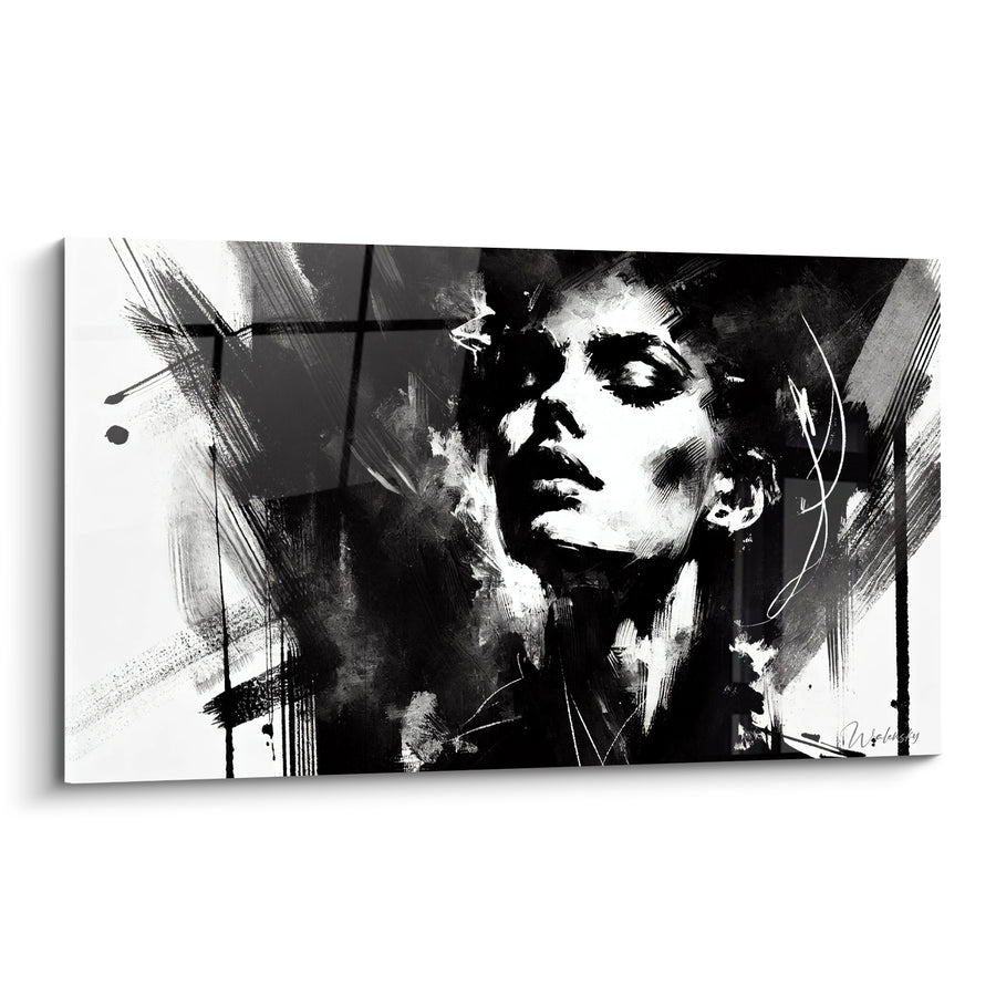 Tableau Visage noir et blanc aux traits esquissés - Rêverie intense - Edition Visage asbtrait