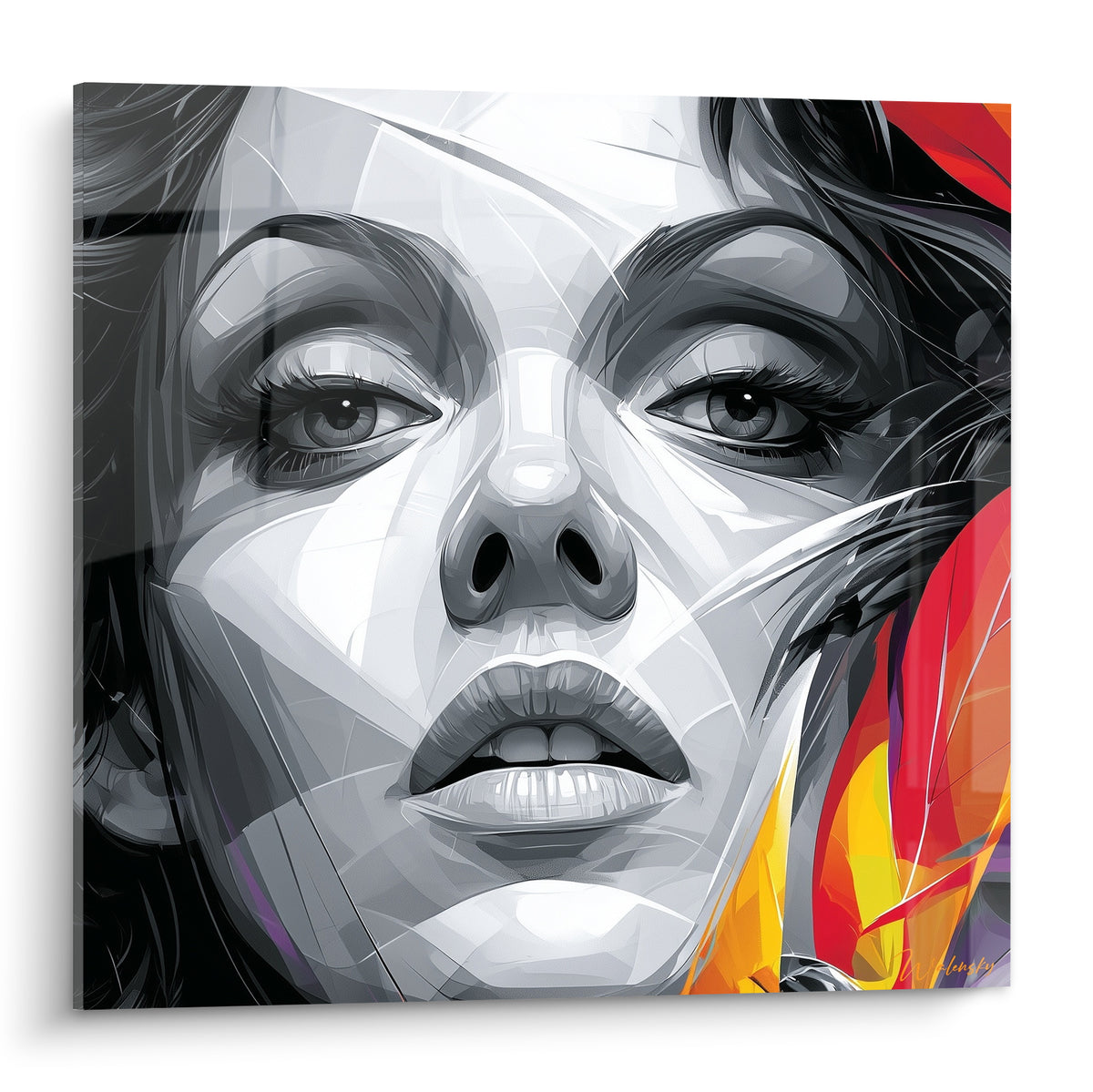 Visage abstrait en noir et blanc fracturé, regard gris intense et flammes rouge orangé sur le côté