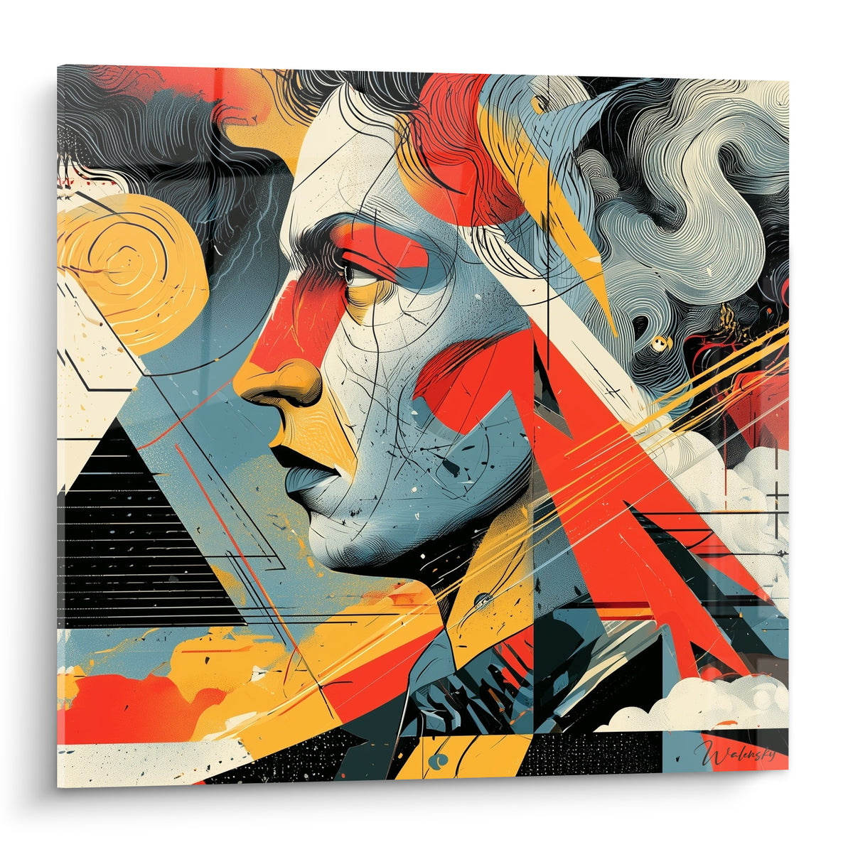 Visage abstrait en profil bleu et rouge, traversé de lignes dorées et de formes géométriques noires