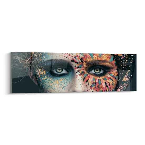 Visage abstrait aux yeux bleu-vert, éclaboussures dorées et corail sur fond anthracite profond