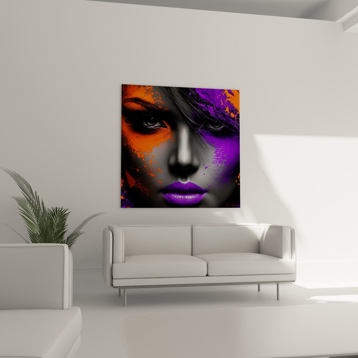 Regard abstrait partagé entre orange fauve et violet sombre, suspendu au-dessus d'un canapé dans un salon lumineux