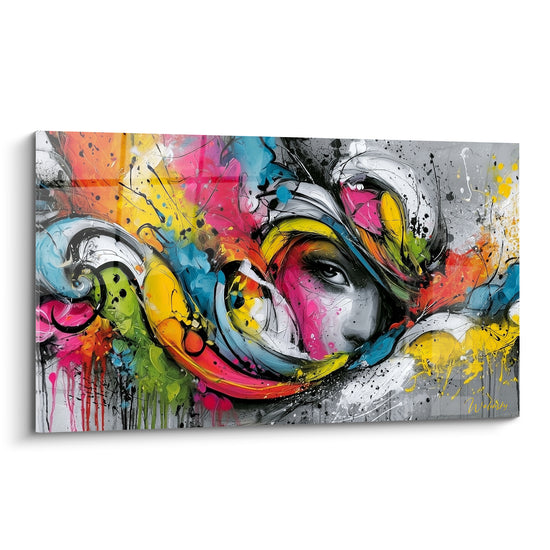 Visage abstrait au regard perçant, éclaboussures roses, jaunes et bleues sur fond anthracite