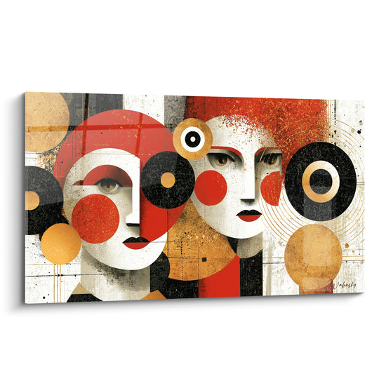 Visage abstrait aux teintes rouge terracotta et or, deux profils géométriques superposés sur fond ivoire texturé