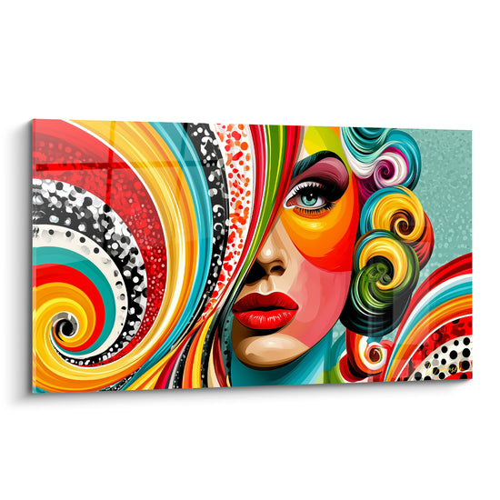 Visage abstrait aux lèvres rouges et yeux bleus, entouré de spirales turquoise et jaune graphiques
