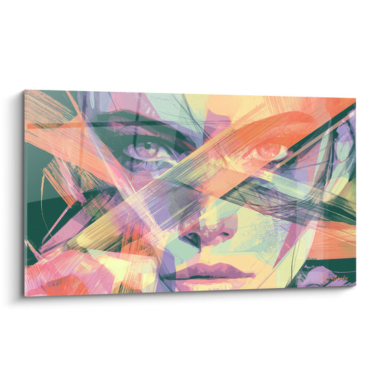 Visage abstrait aux couleurs vert sauge et orangées, traversé de lignes graphiques sur toute la surface