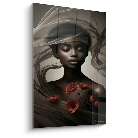 Tableau Portrait voile brun coquelicots rouges - Souffle apaisé - Edition Visage asbtrait
