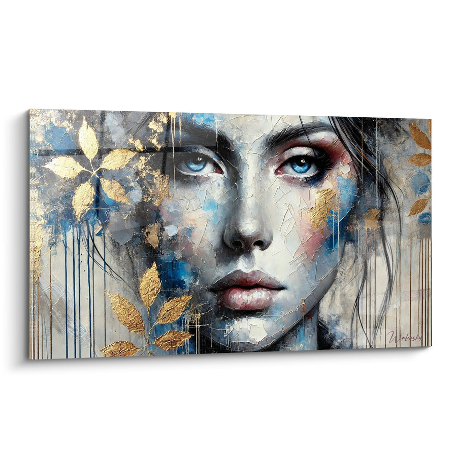 Tableau Visage féminin bleu et doré aux feuillages - Regard fragmenté - Edition Visage asbtrait