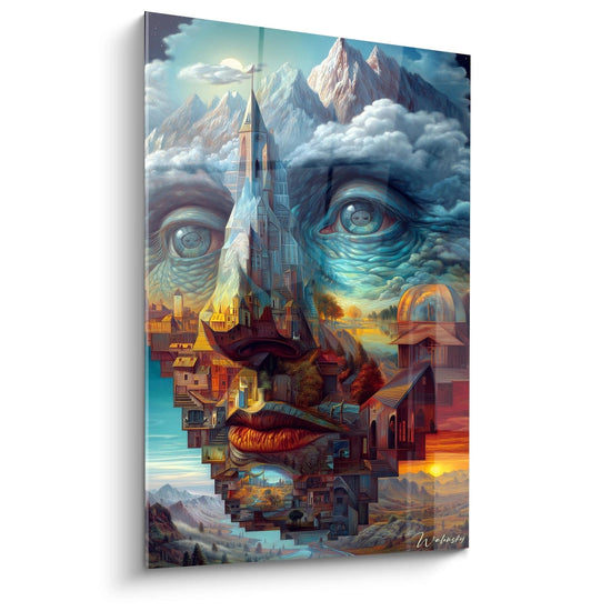 Walensky tableau visage surréaliste mural montrant un visage formé de montagnes nuages maisons yeux et lèvres
