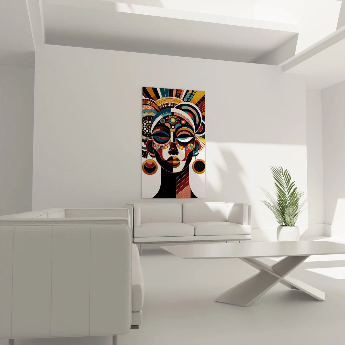 Tableau dans un salon Le tableau africain au-dessus du canapé réchauffe le salon avec ses couleurs vibrantes. L’harmonie des teintes de bronze, bleu marine et orange dynamise l’espace tout en restant élégant.