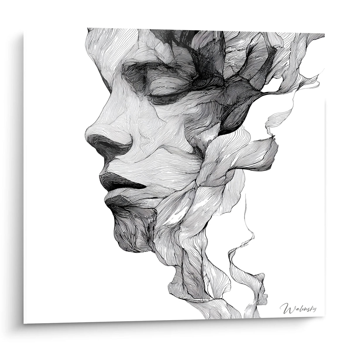 Tableau visage fragmenté noir et blanc, portrait artistique moderne se transformant en pétales organiques
