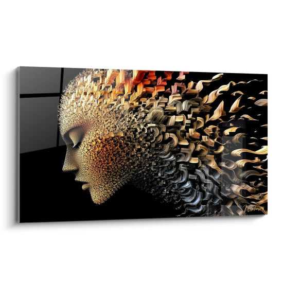 Tableau mural visage fragmenté en pixels dorés art figuratif abstrait moderne