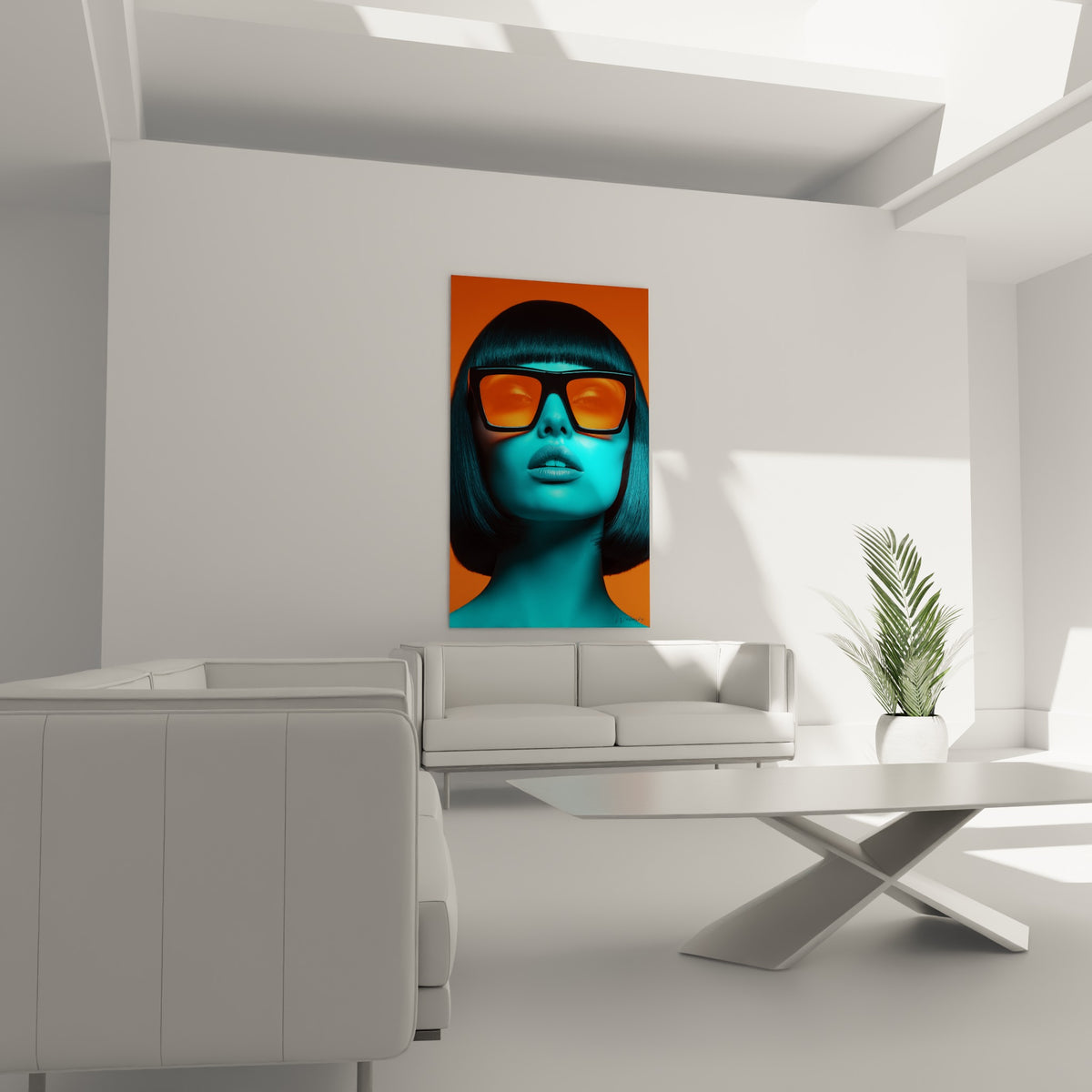 Visage bicolore turquoise et orange au-dessus d'un canapé dans un salon lumineux, lunettes noires marquées