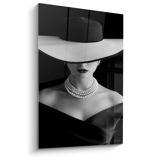 Tableau Chapeau blanc et noir collier de perles multirang - Épaules dénudées croisées - Edition Visage noir et blanc