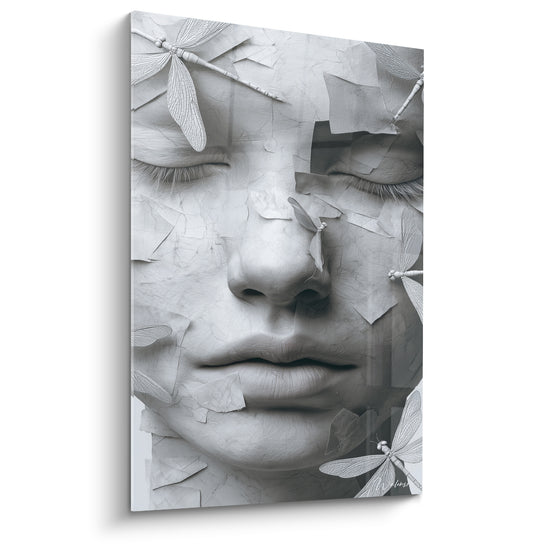 Tableau Visage fissuré aux libellules blanches - Sommeil fragmenté - Edition Visage noir et blanc