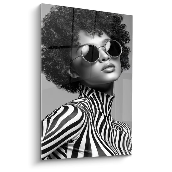 Tableau Portrait afro noir et blanc rayures - Attitude affirmée - Edition Visage noir et blanc