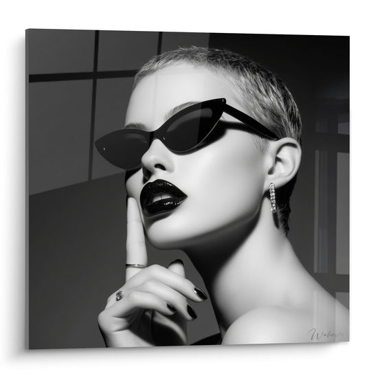Portrait visage noir et blanc, lunettes anthracite, lèvres noires brillantes, doigt posé sur la bouche