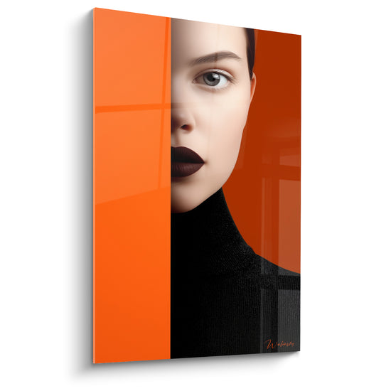 Tableau Portrait visage orange et noir - Regard suspendu - Edition Visage noir et blanc