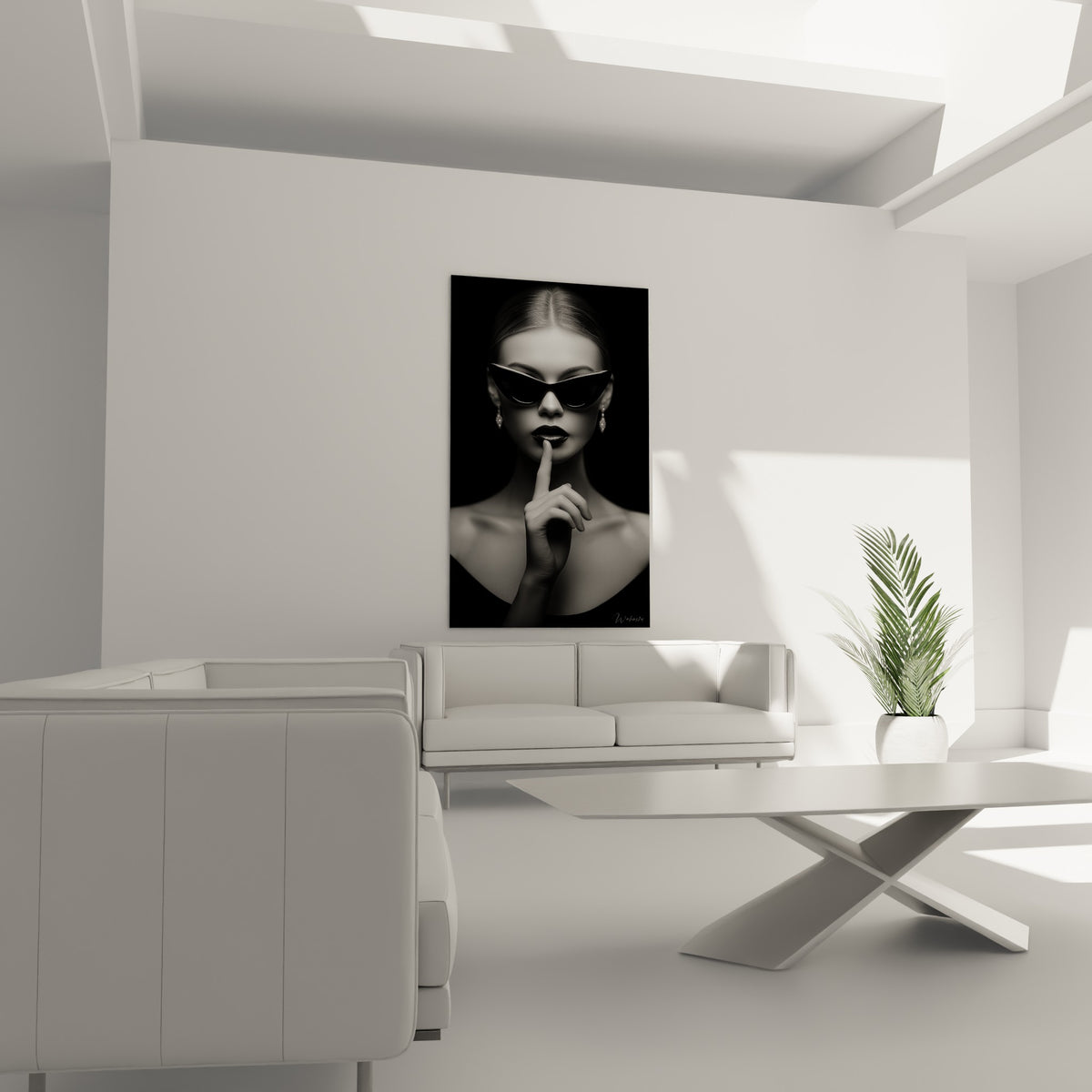 Regard caché derrière des lunettes cat-eye, tons gris et noirs, au-dessus d'un canapé dans un salon lumineux