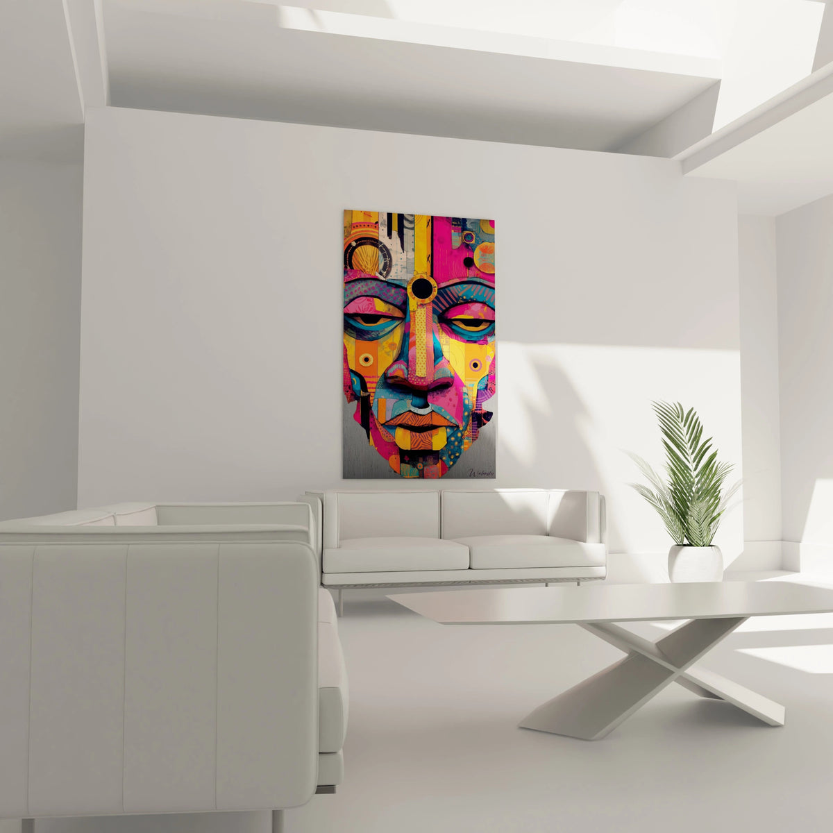 Tableau mural visage protecteur tribal de Walensky avec des couleurs vives pour décoration intérieure moderne