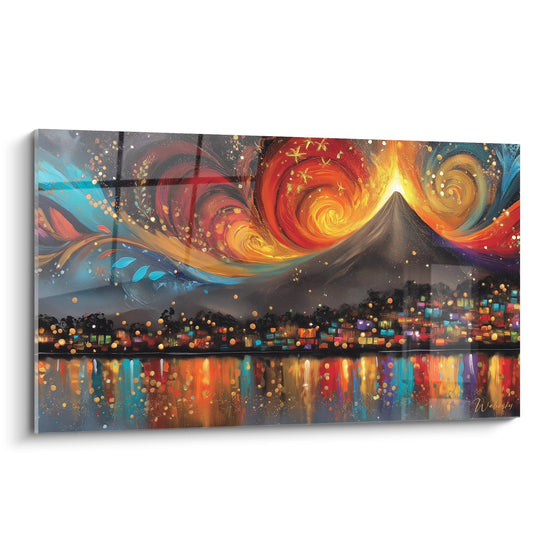 Tableau mural volcan éruption cosmique avec ville nocturne et reflets colorés - art volcanique moderne