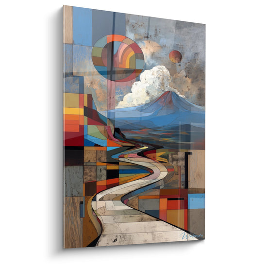 Tableau volcanique géométrique moderne avec chemin vers éruption et arc-en-ciel coloré