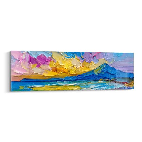 Tableau volcanique abstrait aux couleurs vives représentant une éruption avec technique impasto