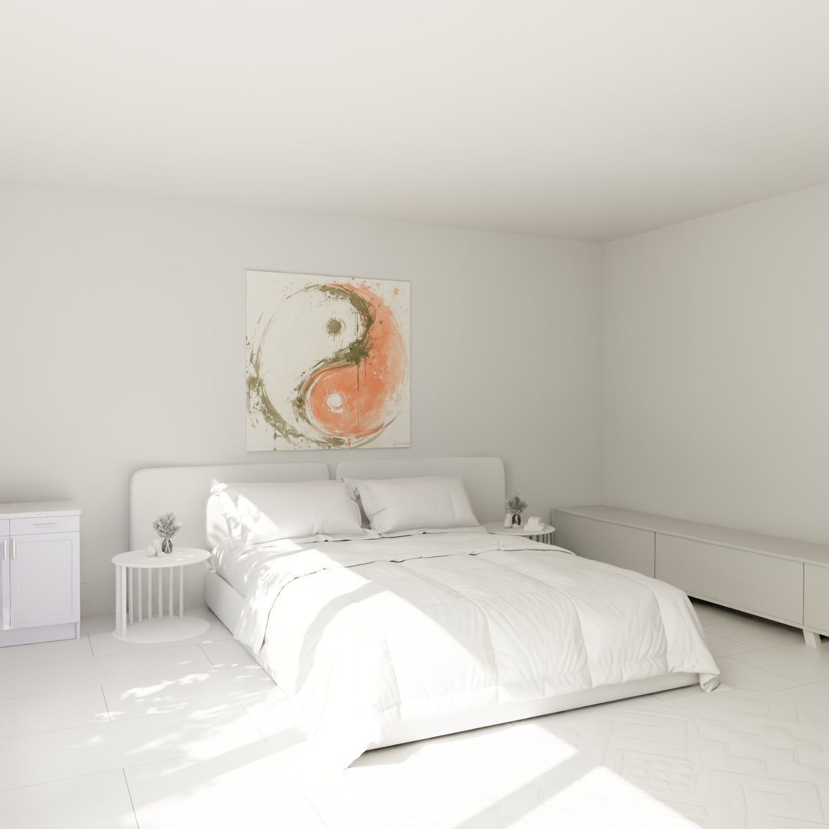 Symbole Yin Yang corail et anthracite dans une composition expressive, au-dessus d'un lit dans une chambre claire