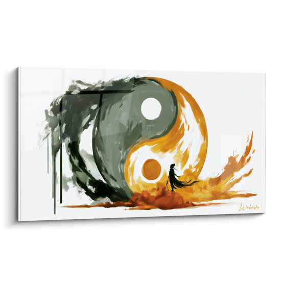 Tableau Symbole gris et orange aux coulures d'encre - Silhouette isolée face au feu - Edition Yin Yang