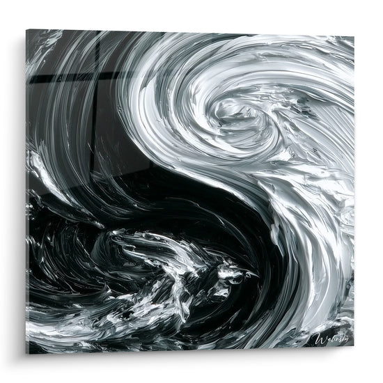 Tableau Yin Yang aux tourbillons noir anthracite et blanc nacré en relief épais