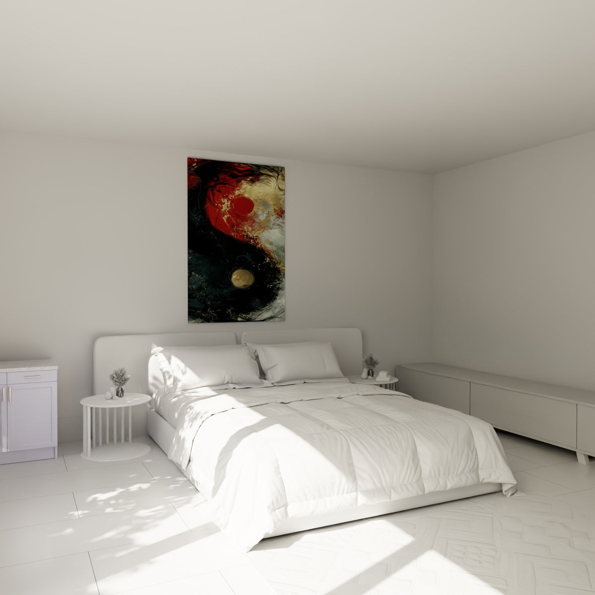 Symbole Yin Yang rouge et doré déployé au-dessus d'un lit dans une chambre claire.