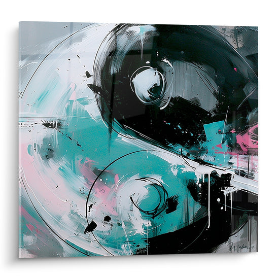 Yin Yang tourbillonnant en noir et turquoise, éclats de rose pâle sur toile abstraite