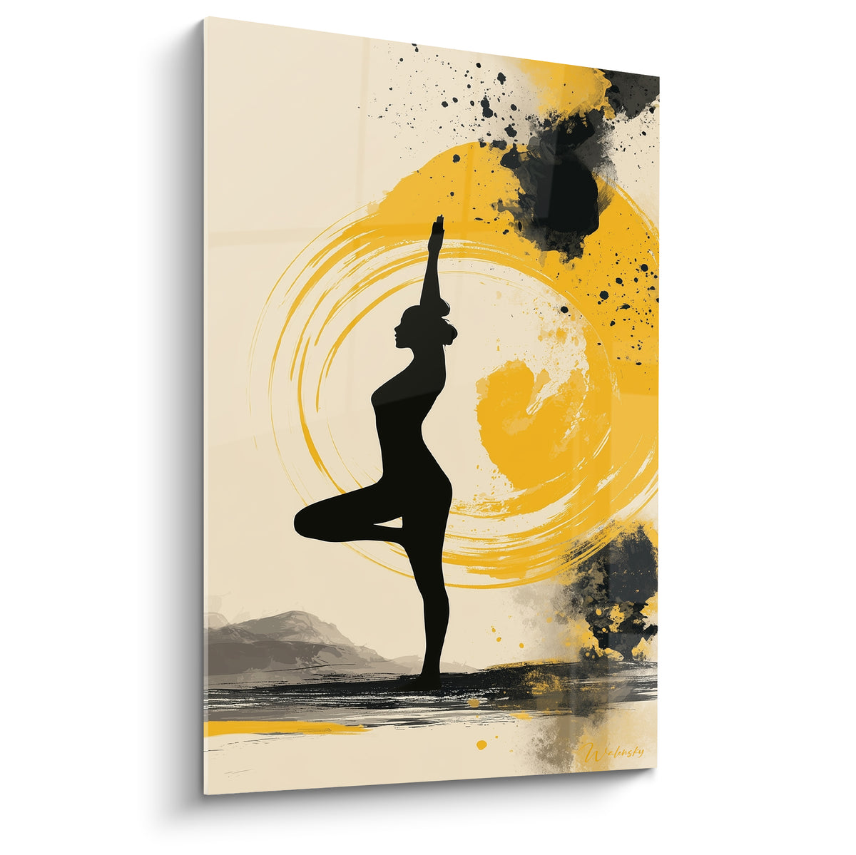 Silhouette noire en posture de l'arbre sur fond doré et beige, tableau yoga graphique et lumineux