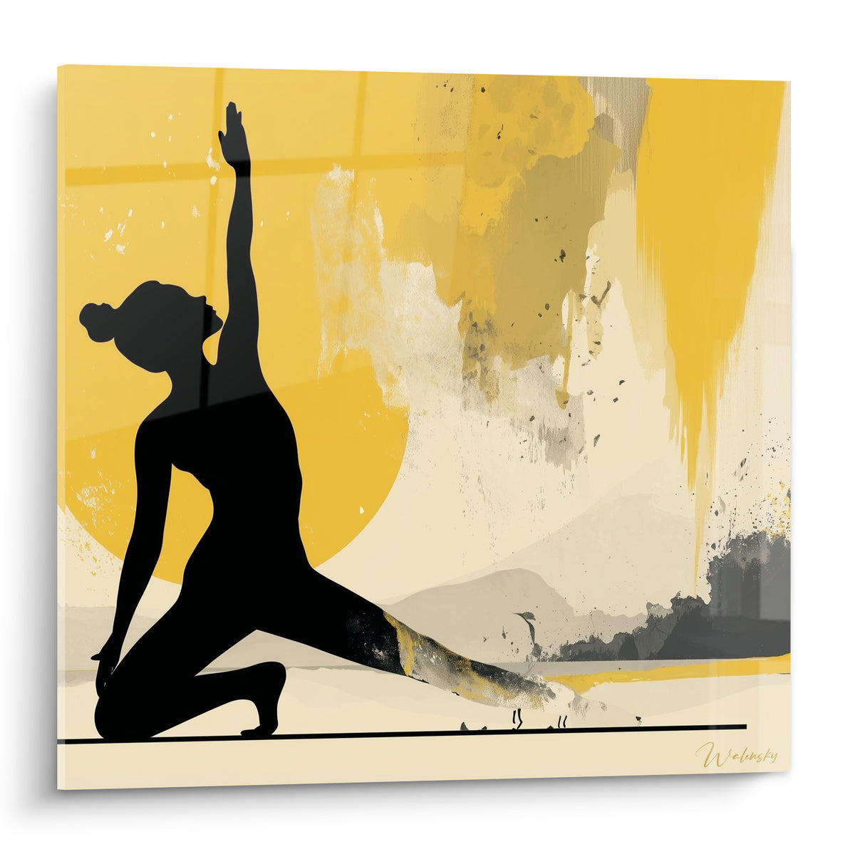 Silhouette de yoga noire en fente sur fond jaune doré et gris anthracite, style graphique