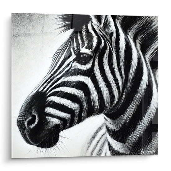Zèbre en profil noir et blanc, rayures graphiques et regard intense sur fond gris texturé